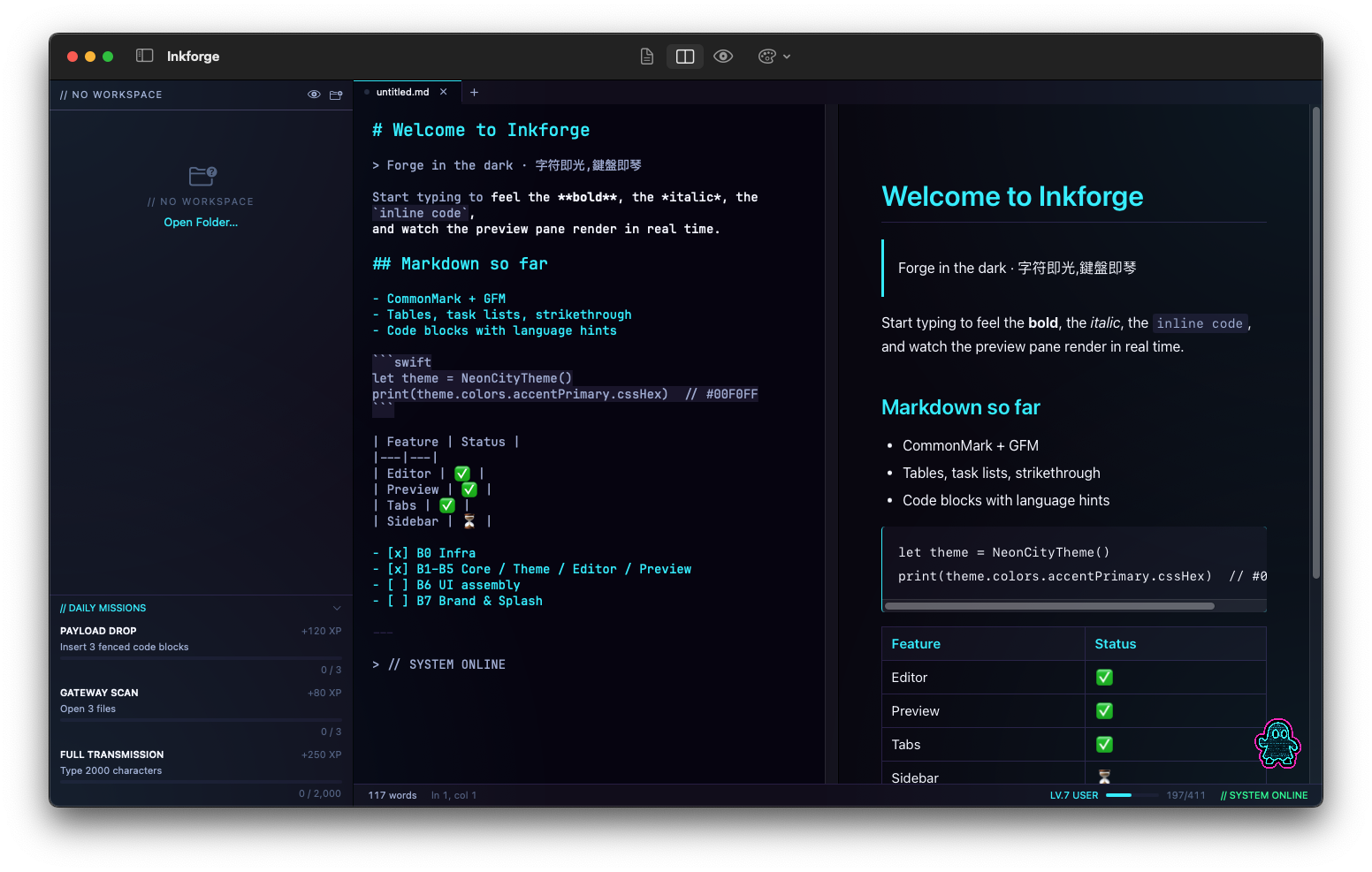 Inkforge main editor with split preview